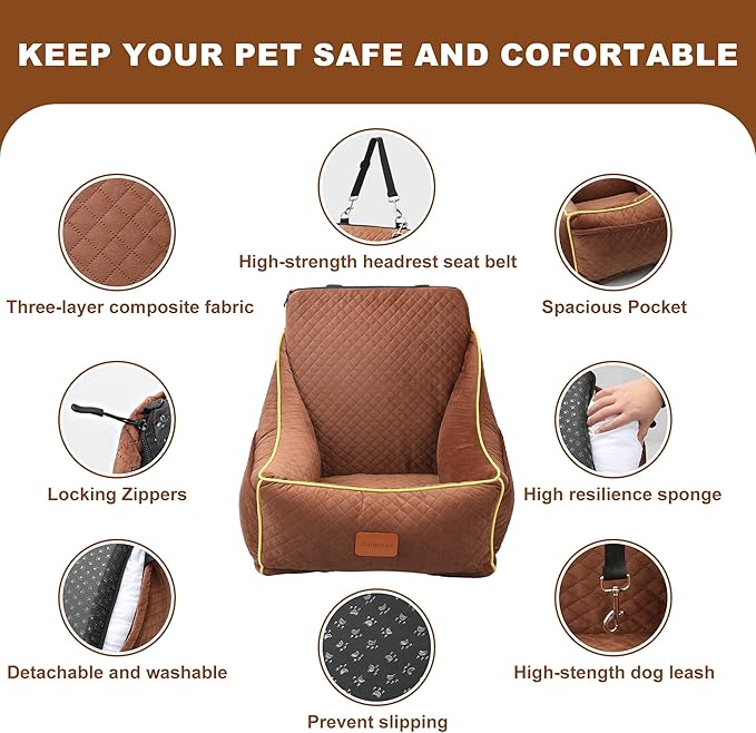 Dog Car Seat for Small/Medium Dogs 35lbs (Brown)