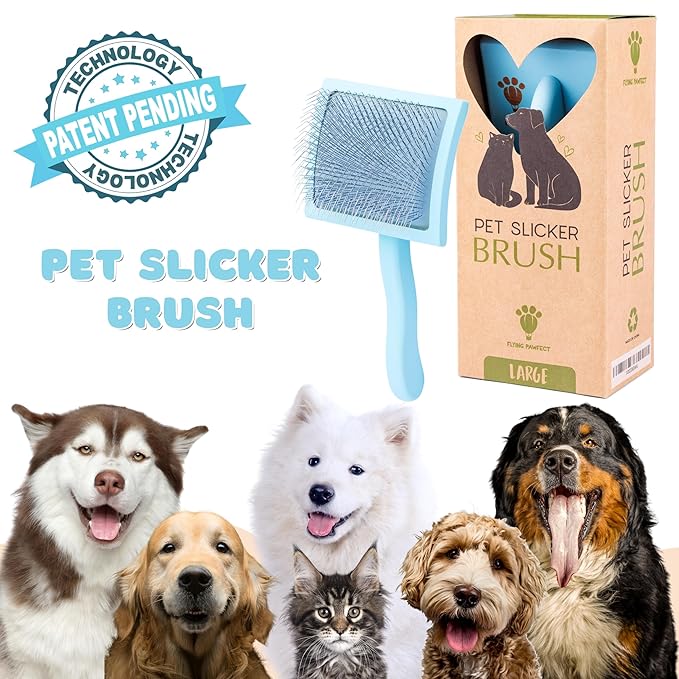 Pet Slicker Brush With Soft Massage Grooming Stainless Steel Pins - For Dematting, Shedding Fur, and Undercoat - Ideal Gift for Professional Pet Groomers - Long Slicker Brush - Flying Pawfect