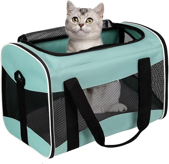 Cat Carrying Case Pet Dog Carrier Soft-Sided Cat Bag Airline Approved, Pet Travel Carrier Up to 15 Lbs, Collapsible Cat Carrier Dog Carrier for Medium Cats Small Cats Dogs(17x11x11 Green)