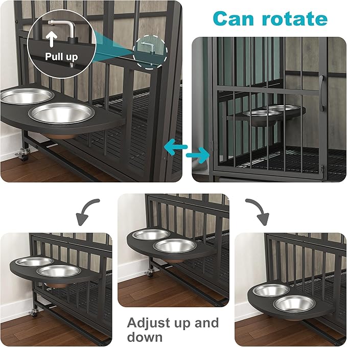 NicBex Dog Crate Furniture Dog Cage with 360 Degree Rotation Height Adjustable Feeding Bowls