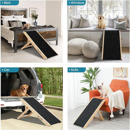 18" Tall Adjustable Pet Ramp - Small Dog Use Only - Wooden Folding Portable Dog & Cat Ramp Perfect for Couch or Bed with Non Slip Carpet Surface - 4 Levels Height Adjustable Up to 90Lbs