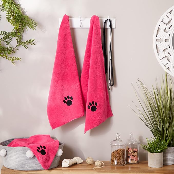 Bone Dry Pet Grooming Towel Collection Embroidered Absorbent Microfiber Drying Set 15x30, Raspberry 3 Count