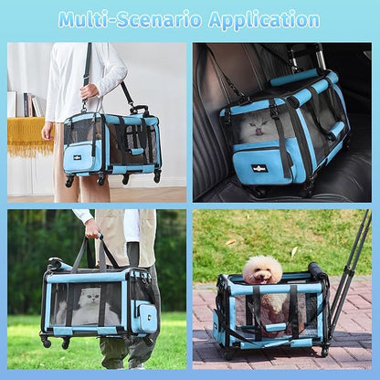 Airline Approved Pet Carrier with Wheels, Foldable Rolling Cat Dog Carrier with Wheels Telescopic Handle for Outdoor Vet Visits, Cat Carrier Travel Bag for Cat Dog Under 20 lbs, Blue