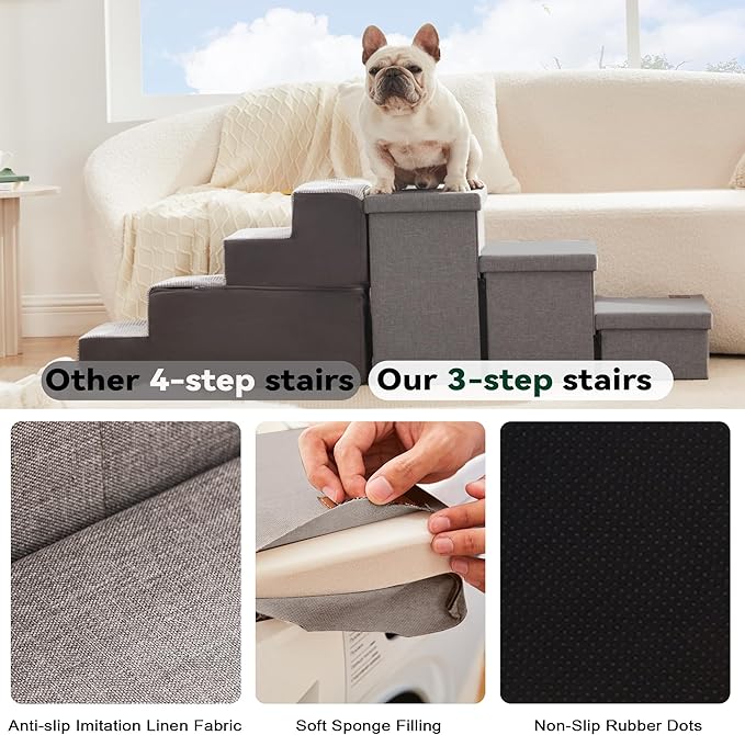Love's cabin Dog Stairs for Small Medium or Large Dogs with Storage and Adjustable Steps 3-Step Gray 200 lbs,