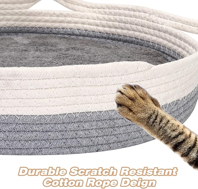 Yummy Sam Cotton Rope Woven Cat Bed Basket, Small Dogs Sofa Bed with Double Sided Mat for All Seasons, 14"x14"x4" Washable Round Sleeping House Bed for Indoor Cat Puppies Rabbits and Small Pets (Grey)