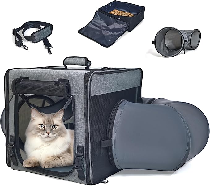 Pets 2-in-1 Portable Cat Carrier with Collapsible Pet Tunnel - Suitable for Small Dogs Home and Cat Travel Bag, Cat Carrier with Litter Box, Includes Soft Hammock/Mat, Travel Cat Car Seat