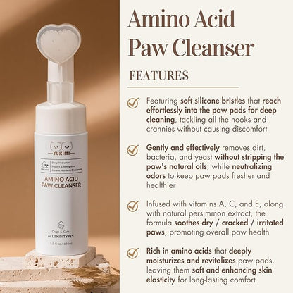 YUKIMI Premium Amino Acid Paw Cleanser with Silicone Bristle Brush for Dogs & Cats 5.0 Fl