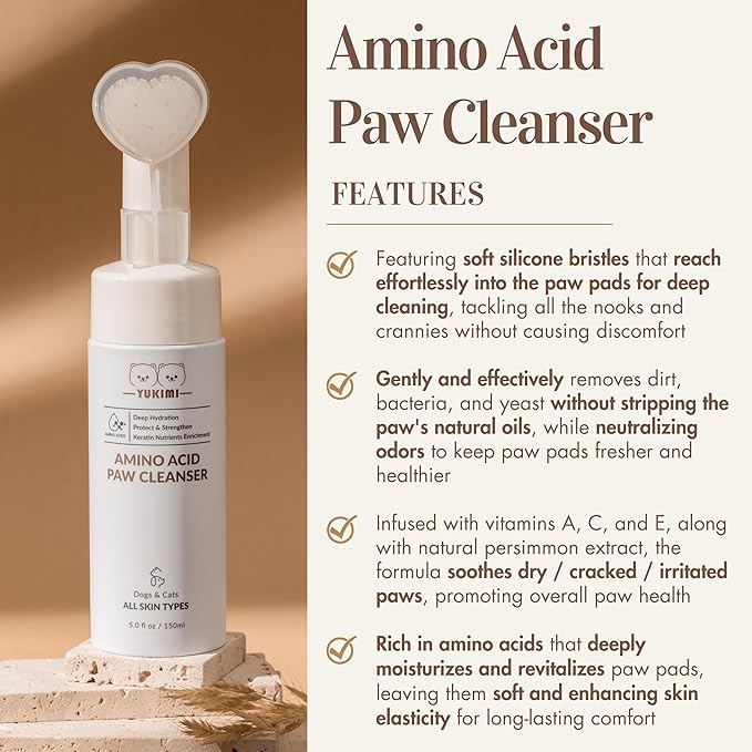 YUKIMI Premium Amino Acid Paw Cleanser with Silicone Bristle Brush for Dogs & Cats | Dermatologist Certified Hypoallergenic | Hydrating, Soothing, Deodorizing, Moisturizing | pH Balanced - 5.0 Fl Oz