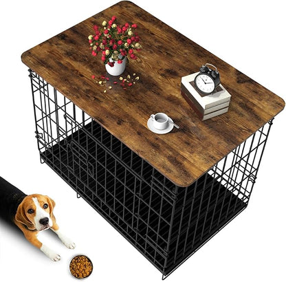 Dog Crate Topper Wood 42 Inch Dog Crate Topper Crate Table Topper Collapsible Dog Kennel Topper for Decorative Dog Crate, Suitable for 42 Inch Wire Dog Crate (Furniture Style, Brown)