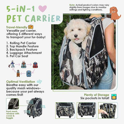 Petique 5-in-1 PET Carrier, Features: Rolling, Top Handle, Backpack, Luggage Attachment, Car Seat All in ONE for Small to Medium Dog, Cat, Bunny, Supports Pets up to 25LBS - Army CAMO