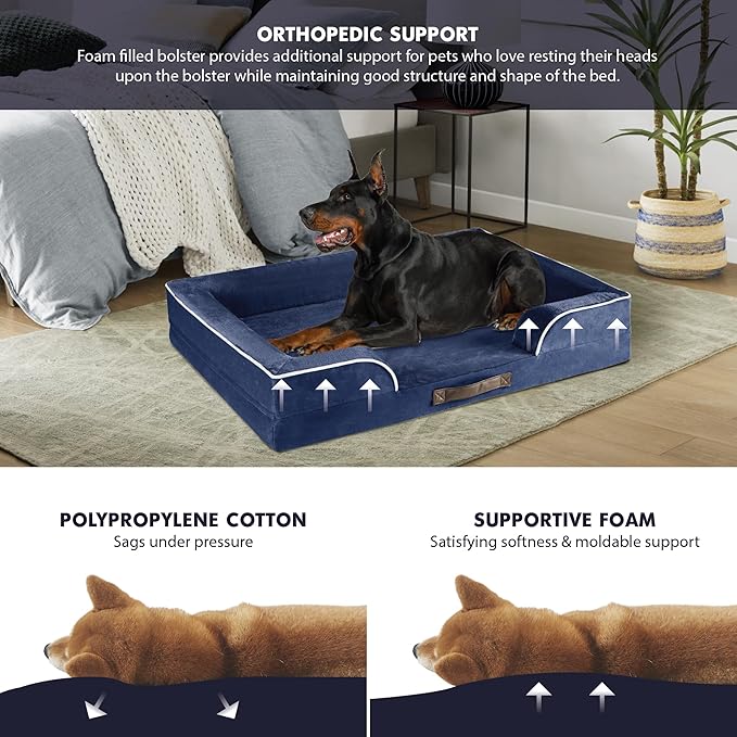 XXL Orthopedic Dog Sofa Bed - Jumbo Pet Couch with Memory Foam, Completely Removable Washable Cover, Waterproof Lining, Nonskid Bottom, Navy Blue - Perfect for Large Breeds