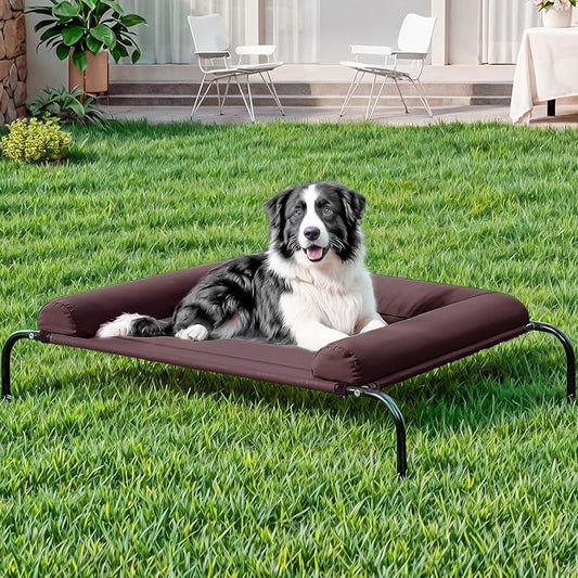 WESTERN HOME WH Elevated Outdoor Dog Bed Cot, Raised Dog Bed with Bolster for Extra Large Dogs, Portable Cooling Pet Cot with Breathable Mesh, Skid-Resistant Feet,Brown, 48.25 inches