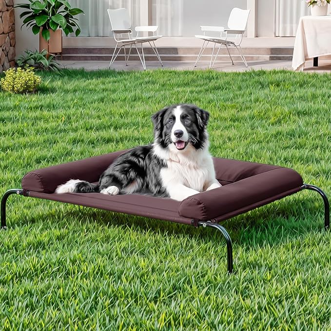 WESTERN HOME WH Elevated Dog Bed Cot, Raised Outdoor Dog Bed with Bolster for Large Dogs, Slightly Chew Proof Portable Cooling Pet Cot with Breathable Mesh, Skid-Resistant Feet, Brown, 43 inches