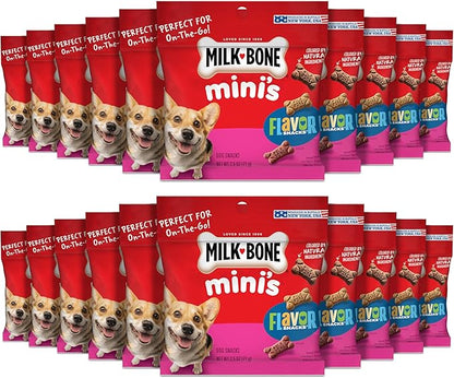 Milk-Bone Mini's Flavor Snacks Dog Treats, 2.5 Ounce (Pack of 20), Perfect for Walks, Travel Size, Party Favor