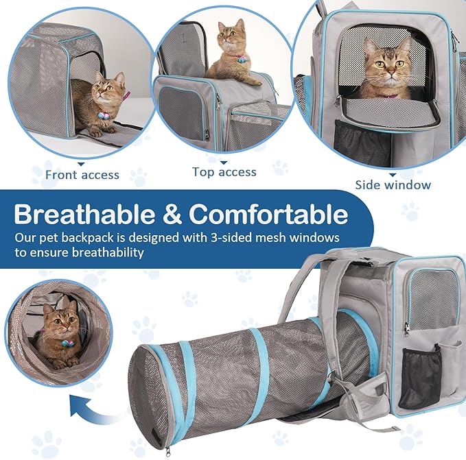 Cat Carrier Backpacks, Expandable Cat Carrier with Litter Box, Cat Carrier Backpack with Collapsible Tunnel, Portable Cat Carrier for Car Travel, Pet Travel Carrier with Litter Box for Long Car Travel