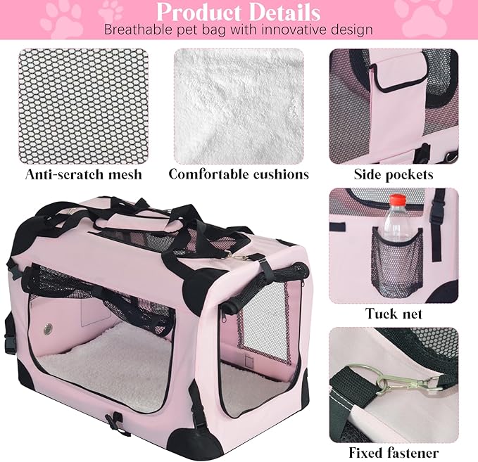 PET Foldable Dog Crate Folding Soft Dog Crate with Carrying Bag Dog Home & Dog Travel Crate Indoor & Outdoor Pet Home (Pink L-30 L 20" W 19" H)