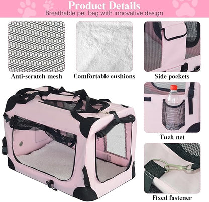 PET Foldable Dog Crate Folding Soft Dog Crate with Carrying Bag Dog Home & Dog Travel Crate Indoor & Outdoor Pet Home (Pink L-30 L 20" W 19" H)