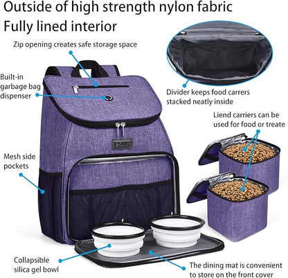 BAGLHER丨Dog Travel Bag, Airline Approved Pet Supplies Backpack, Dog Travel Backpack Accessories Set with 2 Silicone Collapsible Bowls and 2 Food Baskets. Purple