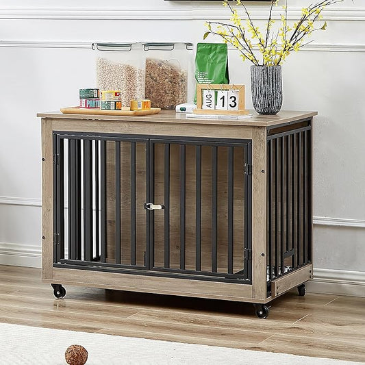 NicBex Dog Crate Furniture Dog Cage with 3 Doors and 2 Feeding Bowls