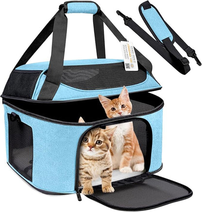 Large Cat Carrier for 2 Cats, Oeko-TEX Certified Soft Side Pet Carrier for Cat, Small Dog, Collapsible Travel Small Dog Carrier, TSA Airline Approved Cat Carrier for Large Cats 20 lbs, Blue