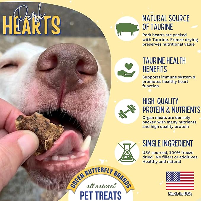 Freeze Dried Pork Heart Dog Treats Made in USA. All Natural Freeze-Dried Raw Snacks for Dogs and Cats. Single Ingredient. High Protein, Heart Health, Irresistible Training Treat