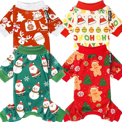 Xpudac 4 Piece Dog Christmas Pajamas Santa Pet Clothes Cute Snowman Dog Pajamas for Small Dogs Red Green X-Small