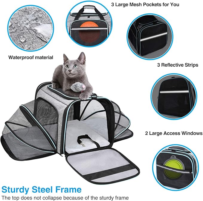 Airline Approved Portable Pet Carrier 2 Sides Expandable Soft-Sided Large Cats Carrier Collapsible Kennel Travel TSA Carrier 4 Doors with Removable Pads and 3 Pockets for Puppy Small Dogs