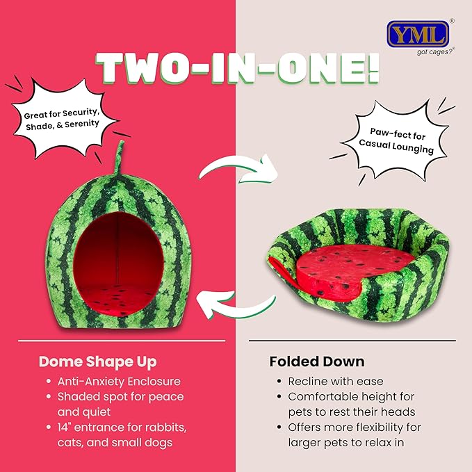 YML Watermelon Pet Bed - Cute Calming Fruit Bed with Removable Cushion for Dogs, Indoor Cats, Rabbits, Small Animals - 20 Inch, Green, Red