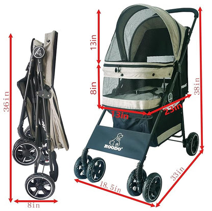 ROODO Dog Stroller 4 Wheel Pet Stroller Cat 30lbs(Light Khaki)