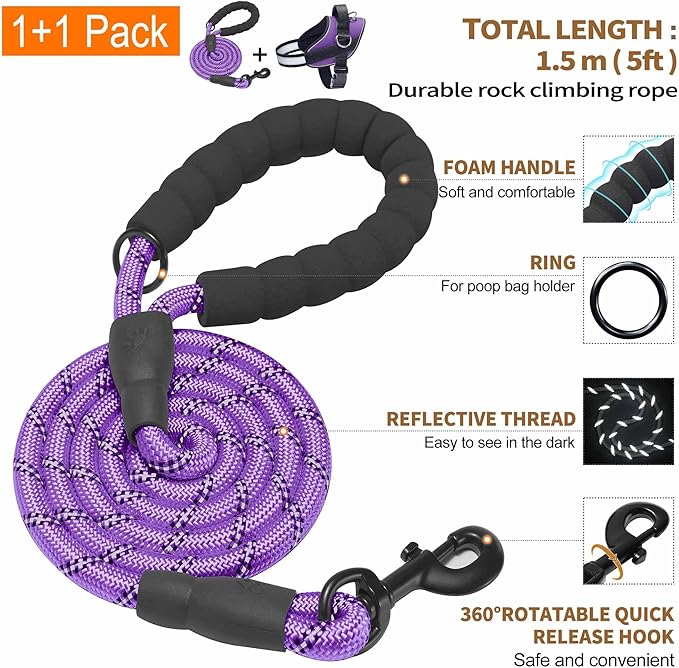 Haapaw Essential Dog Harness, No Pull Pet Vest with 3 Leash Clips, No Choke, Reflective, Adjustable and Padded, for Easy Walking and Training for Medium Dogs(M, Purple)