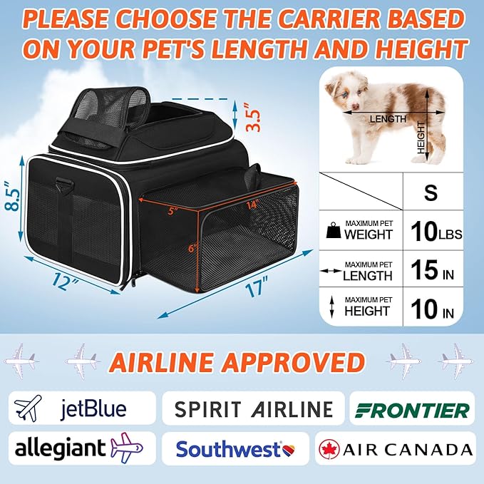 Petskd Top and Side Expandable Pet Carrier 17x12x8.5 Inches JetBlue Frontier Spirit Airline Approved