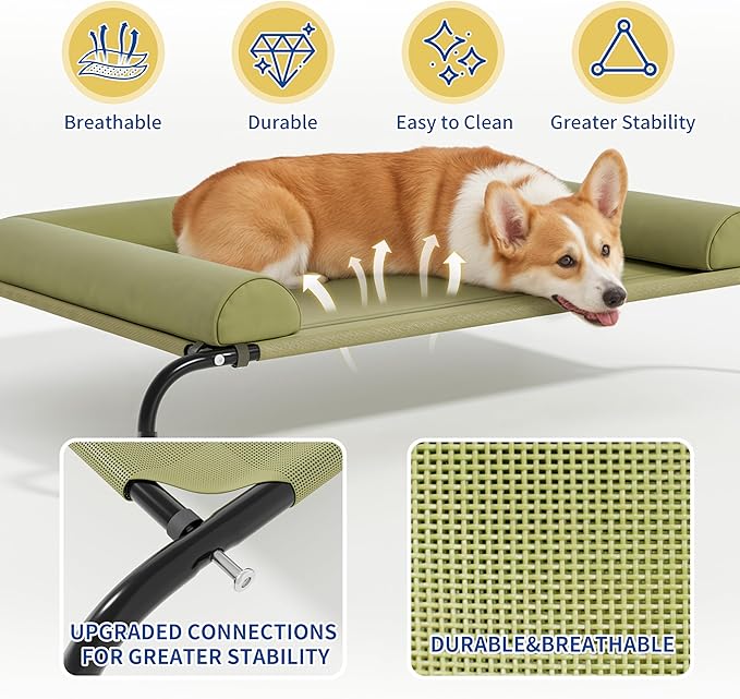 WESTERN HOME WH Elevated Dog Bed Cot, Raised Outdoor Dog Bed with Bolster for Large Dogs, Slightly Chew Proof Portable Cooling Pet Cot with Breathable Mesh, Skid-Resistant Feet, Green,43 inches