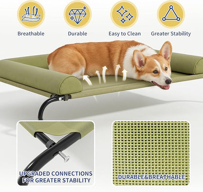 WESTERN HOME WH Elevated Dog Bed Cot, Raised Outdoor Dog Bed with Bolster for Large Dogs, Slightly Chew Proof Portable Cooling Pet Cot with Breathable Mesh, Skid-Resistant Feet, Green, 36 inches