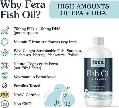 Fera Pets Fish Oil for Dogs & Cats – 16oz, 96 Servings – Vet Created - Liquid Fish Oil with Wild-Caught Fish -for Pet’s Skin, Immune & Brain Function