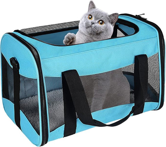 Cat Carrying Case - Pet Carrier Airline Approved, Protable and Breathable Pet Travel Carrier Removable Fleece Pad, Collapsible Cat Carrier Dog Carrier for Medium Cats Small Cats Dogs(Medium, Blue)