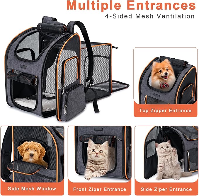 Cat Backpack Carrier, Dog Backpack Carrier for Small Dogs Medium Cats, Airline Approved Expandable Pet Backpack Carrier for Small Dogs Puppies Medium Cats Fit Up to 18 Lbs, Grey