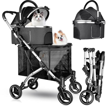 Double Pet Stroller for 2 Dogs or Cats 52LBS Gray