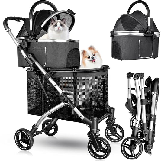 Double Pet Stroller for 2 Dogs or Cats 52LBS Gray