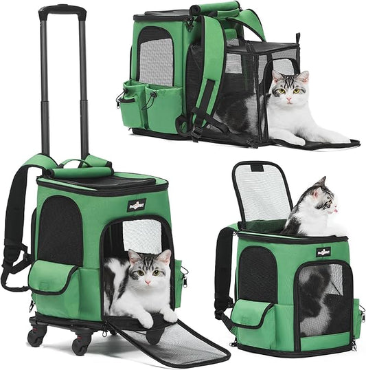 Cat Carrier Backpack with Wheels, Expandable Rolling Pet Carrier with Breathable Mesh, Removable Cat Dog Backpack Carrier with Storage Pocket for Small Medium Cat Dog Under 20LBS