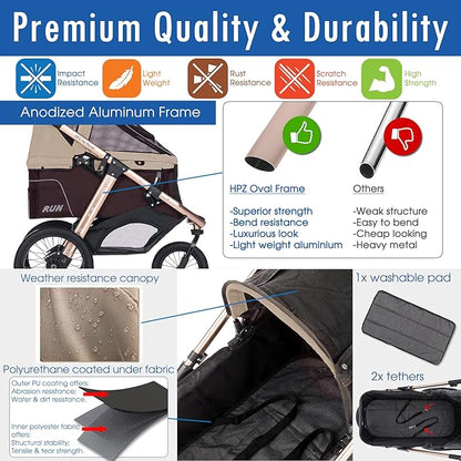 HPZ Pet Rover Run Performance Jogging Sports Stroller with Comfort Rubber Wheels/Zipper-Less Entry/1-Hand Quick Fold/Aluminum Frame for Small/Medium Dogs