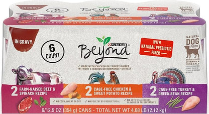 Purina Beyond Gravy, Beef, Chicken or Turkey in Gravy Ground Entree Grain Free Wet Dog Food Variety Pack - (Pack of 6) 12.5 oz. Cans