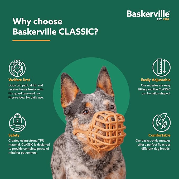 Baskerville Classic Basket Muzzle - Dog can Pant and Drink, Prevents Biting and Food Waste Scavenging, Strong TPR, Ideal for Longer Nosed Dogs, Breathable Dog Training Muzzle for Medium Dogs (Size 5)