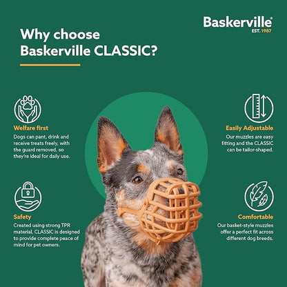 Baskerville Classic Basket Muzzle - Dog can Pant and Drink, Prevents Biting and Food Waste Scavenging, Strong TPR, Ideal for Longer Nosed Dogs, Breathable Dog Training Muzzle for Medium Dogs (Size 5)