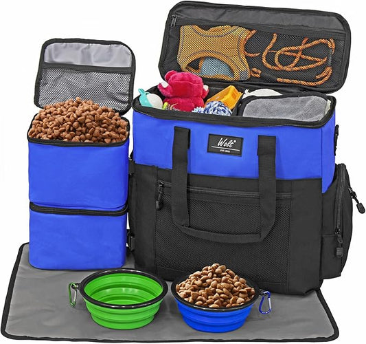 WOLT | Pet Travel Bag Kit for Dog Carrier & Travel, Includes 2 Food Containers + 2 Collapsible Bowls + 1 Placemat, Airline Approved Organizer for Pet Supplies Essentials Camping, Hiking, Weekend Away