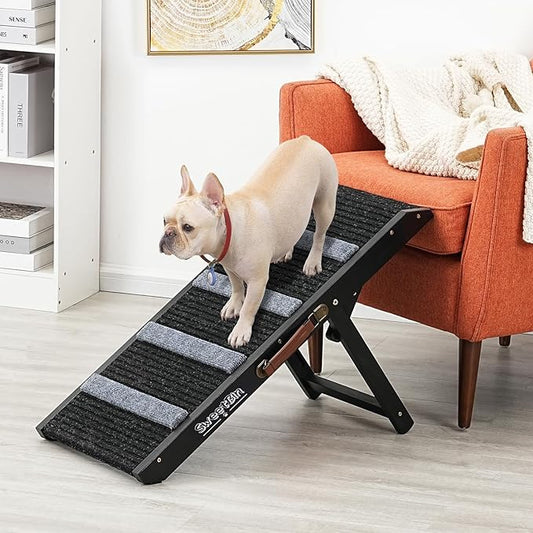 18" Tall Adjustable Pet Ramp - Small Dog Use Only - Wooden Folding Portable Dog & Cat Ramp Perfect for Couch or Bed with Non Slip Carpet Surface - 4 Levels Height Adjustable Up to 90Lbs