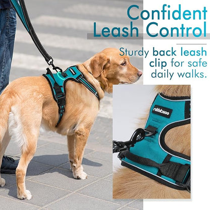 rabbitgoo Dog Harness, No-Pull Pet Harness with 2 Leash Clips, Adjustable Soft Padded Dog Vest, Reflective No-Choke Pet Oxford Vest with Easy Control Handle for Large Dogs, Teal, L