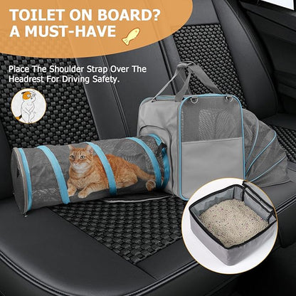 Cat Travel Carrier with Litter Box for Car, Expandable Cat Carrier with Collapsible Cat Travel Tube, Travel Cat Carrier with Cat Tunnel for Car Travel, Camping, up to 20 lb to Road Trip, Grey