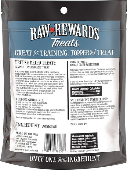 Northwest Naturals Raw Rewards Freeze-Dried Whitefish Treats for Dogs and Cats - Bite-Sized Pieces - Healthy, 1 Ingredient, Human Grade Pet Food, All Natural - 2.5 Oz (Packaging May Vary)