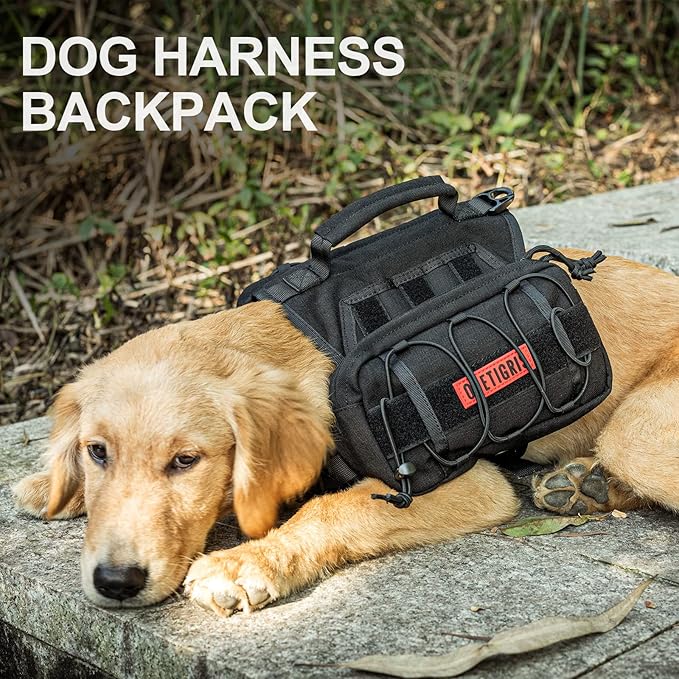 OneTigris Dog Backpack MAMMOTH for Medium & Large Dogs, Nylon Backpack for Dogs Tactical Pet Backpack with Side Pockets for Hiking Walking Training Running (Black, Small)