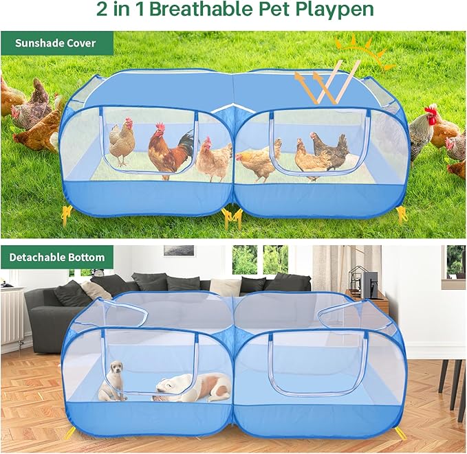 Jhua Pet Playpen for Small Animals, Portable Chicken Run with Detachable Bottom and Cover, Foldable Chicken Coop Indoor Outdoor Pet Pen with Transparent Mesh Walls for Chicken Duck Puppy Cat Rabbit